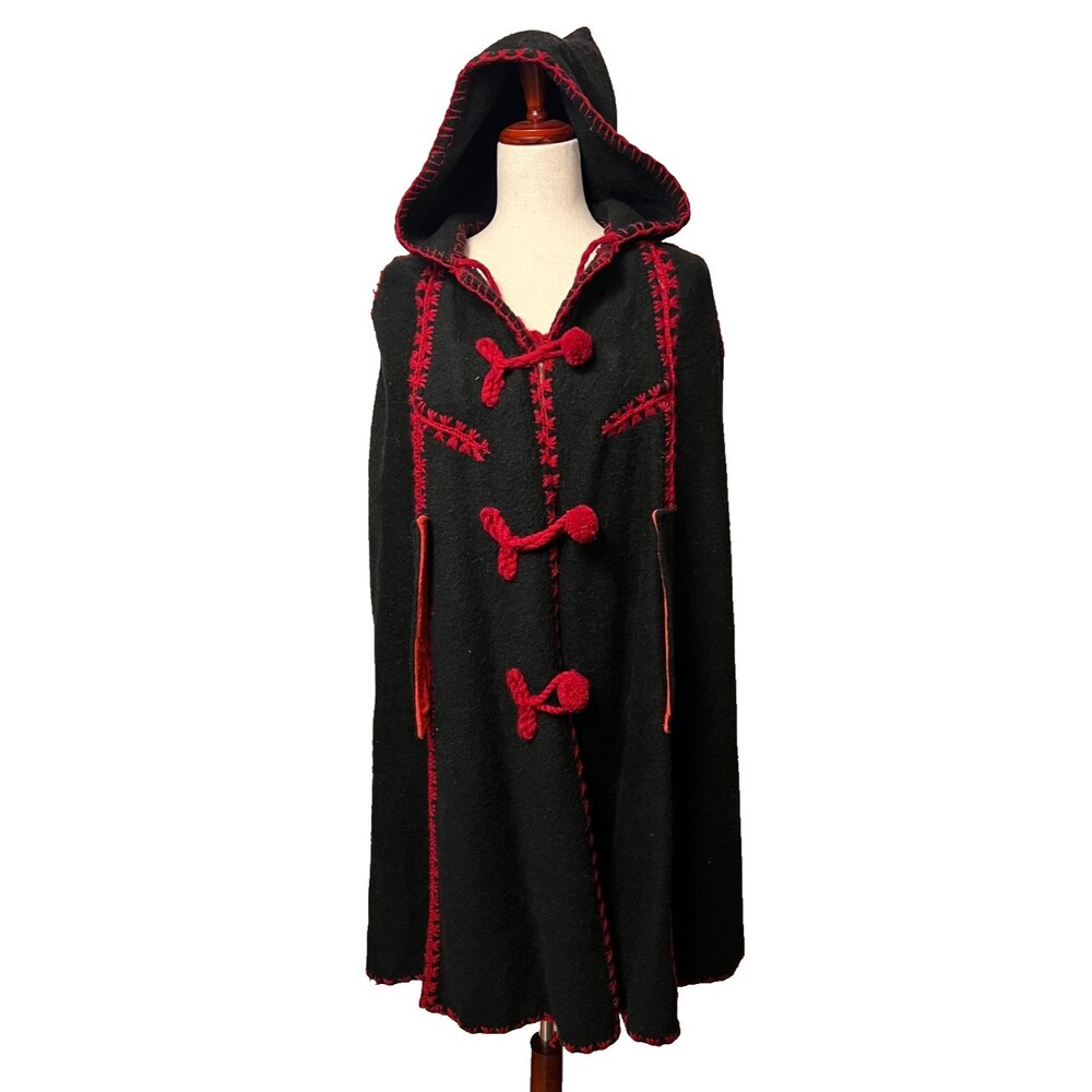 VTG Wool Greek Handmade Hooded Cloak Cape Black Red Embroidery Trim Gothic Warm